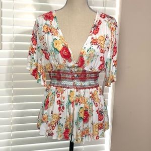 Jolt Floral Plunge Gathered Waistline Top NWT